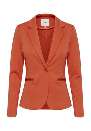 Oranžinė pritaikyta švarkas su vieno mygtuko uždarymu, išpjautais atlapais ir dviem priekinėmis kišenėmis. Lygi medžiaga, struktūrizuotas dizainas.