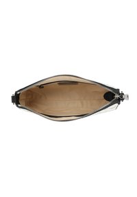 Pochette con zip bianca e nera vista dall'alto, aperta per rivelare un interno beige con una fodera in tessuto morbido e senza oggetti visibili all'interno.