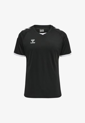 Zwarte sporttrui gemaakt van lichtgewicht stof. Heeft een V-hals, witte accenten op de mouwen en een logo op de borst. Klassiek atletisch ontwerp.