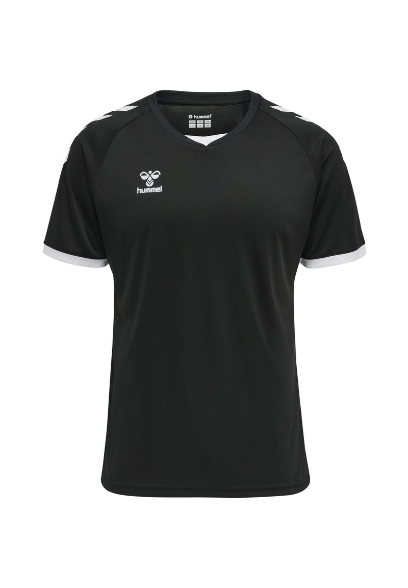 Zwarte sporttrui gemaakt van lichtgewicht stof. Heeft een V-hals, witte accenten op de mouwen en een logo op de borst. Klassiek atletisch ontwerp.