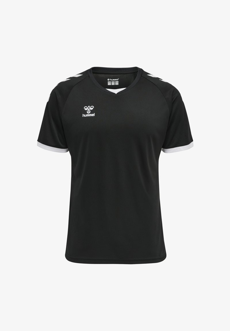 Svart sporttröja i lättviktsmaterial. Har en V-hals, vita detaljer på ärmarna och en logotyp på bröstet. Klassisk atletisk design.