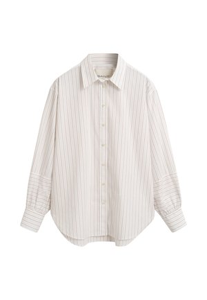 White button-up shirt with red vertical stripes, classic collar, long sleeves with cuff details, and a curved hemline.