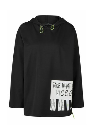 Zwarte hoodie met lange mouwen, neongroene trekkoorden en een witte patch aan de voorkant met de tekst "Take What I Need" en afscheurbare tabs.