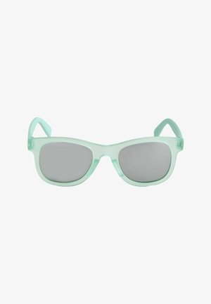 Rechteckige Sonnenbrille mit mintgrünem Kunststoffrahmen und dunkelgrauen Gläsern.