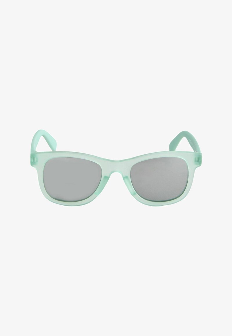 Žalios mėtų spalvos plastikiniai stačiakampiai akiniai nuo saulės su tamsiai pilkais lęšiais.