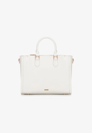 White faux leather handbag with dual top handles, gold accents, and a zippered closure. Rectangular shape with a smooth, glossy finish.