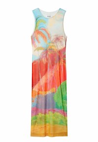 Ærmeløs maxi-kjole med et levende, multifarvet design med palmer, abstrakte bakker og et glat, let stof.
