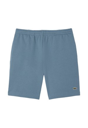 Pantaloni corti in cotone blu con cintura elastica, featuring un piccolo logo ricamato sul lato sinistro in basso. Texture liscia, design fino al ginocchio.
