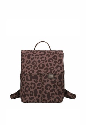 Brown and black leopard print backpack with flap closure, top handle, and adjustable shoulder straps.