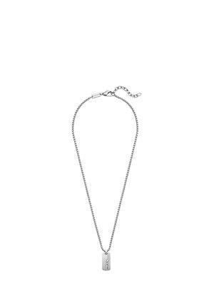 Collana con catena in argento e ciondolo rettangolare inciso con "G-STAR,", con chiusura a moschettone e prolunga regolabile.