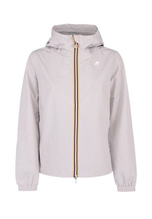 Giacca con cappuccio grigio chiaro con cerniera frontale, caratterizzata da strisce blu, gialle e arancioni e polsini elastici sulle maniche lunghe.