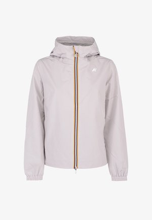 Giacca con cappuccio grigio chiaro con cerniera frontale, caratterizzata da strisce blu, gialle e arancioni e polsini elastici sulle maniche lunghe.