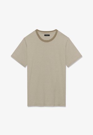 Tricou cu mâneci scurte, bej și dungi albe, cu guler rotund bej, așezat plat pe un fundal alb.