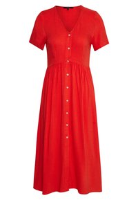 Röd kortärmad klänning med V-ringning, knappfront, texturerad tyg och en utsvängd kjol som når mitt på vaden.