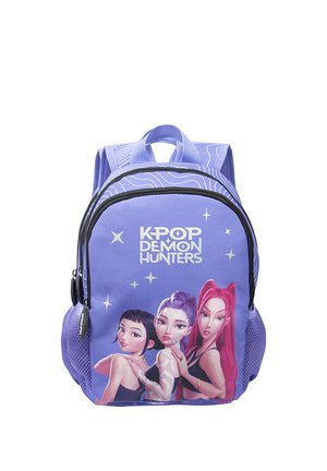 Purple backpack with the text KPOP Demon Hunters and three animated female characters with different hairstyles and outfits on the front pocket.