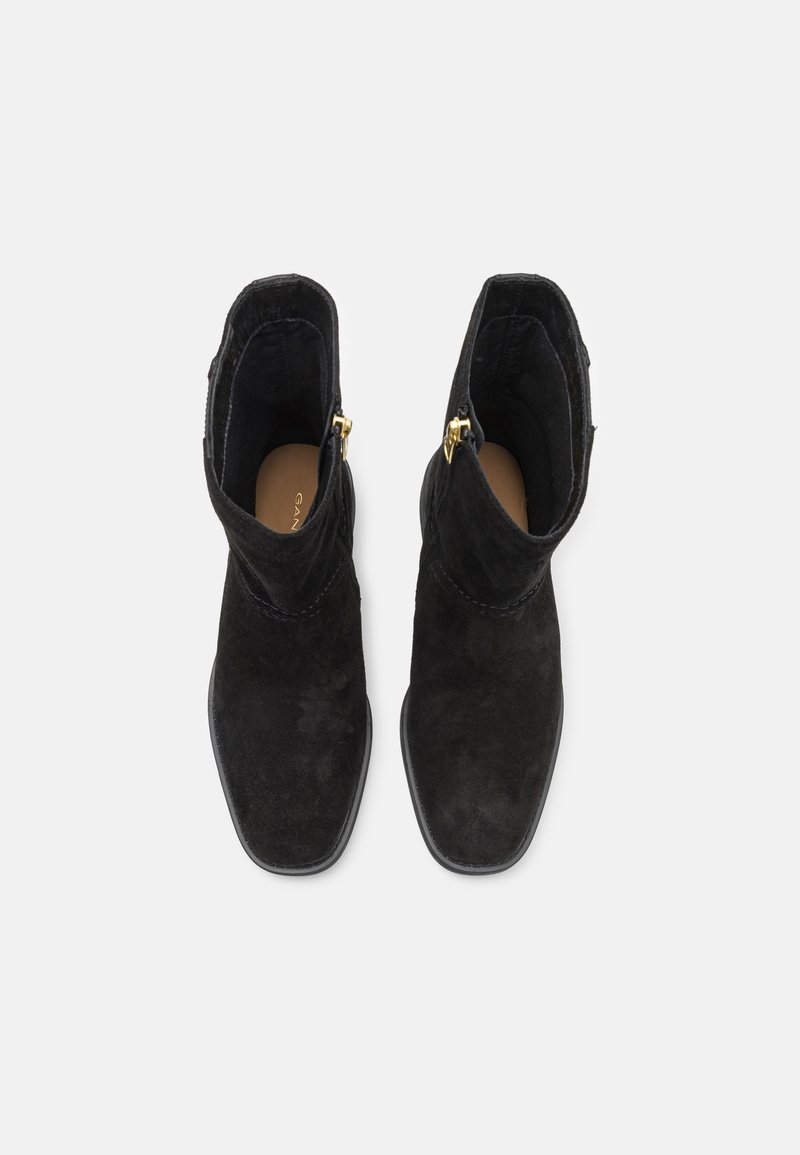 Schwarze Wildleder-Stiefeletten mit quadratischer Zehenform, seitlichem Reißverschluss und Nähdetails, ausgestattet mit einem glatten Innenfutter und flachen schwarzen Sohlen.