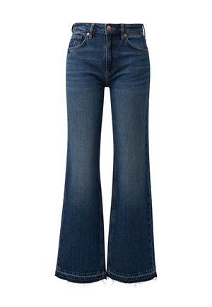 Dżinsy w rozkloszowanym fasonie w ciemnoniebieskim kolorze, wykonane z denimu, z wysokim stanem, przednimi kieszeniami i postrzępionymi brzegami spodni. Gładka tekstura z klasycznym krojem.