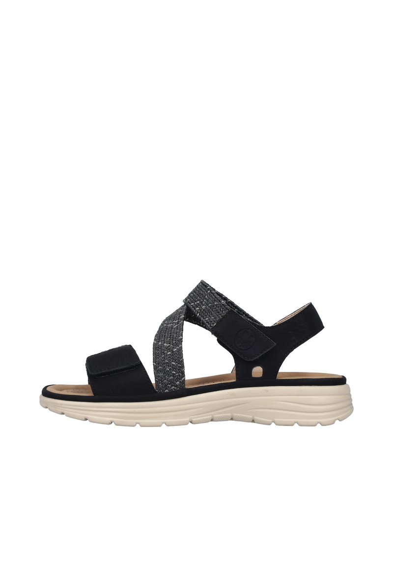 Svarta sandaler för kvinnor med korsade remmar, övre del i texturerad grått tyg, justerbara kardborreband och en lätt gummisula.