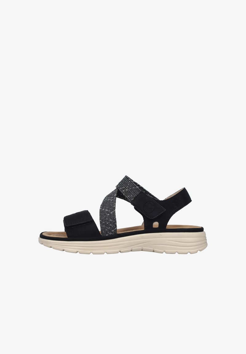 Svarta sandaler för kvinnor med korsade remmar, övre del i texturerad grått tyg, justerbara kardborreband och en lätt gummisula.