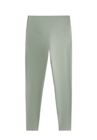 Világoszöld, bordázott leggings magas derékkal, sima textúrával és testhezálló fazonnal, amely alkalmas aktív viselethez vagy hétköznapi használatra.