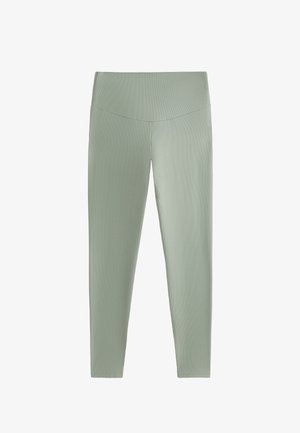Svetlozelené rebrované legíny s vysokým pásom, s hladkou textúrou a priliehavým strihom, vhodné na športové oblečenie alebo na bežné nosenie.
