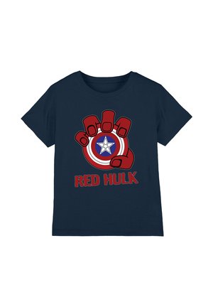Navy blue T-shirt featuring a large red cartoon hand gripping a circular emblem with a star, accompanied by the text "RED HULK" below.