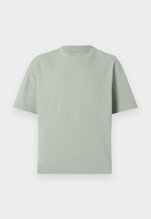 Schlichtes, hellgrünes T-Shirt mit kurzen Ärmeln und Rundhalsausschnitt, gerader Saum, auf einer weißen Fläche flach liegend dargestellt.