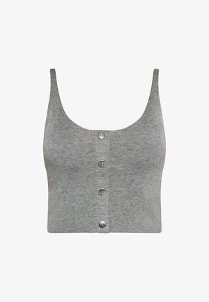 Szary prążkowany crop top z szerokimi ramiączkami, okrągłym dekoltem i pięcioma guzikami z przodu. Wykonany z miękkiego materiału dzianinowego.