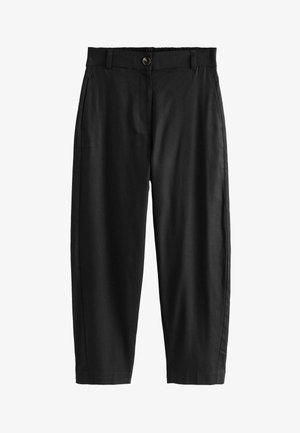 Zwarte, loszittende broeken met een knoopsluiting, elastische tailleband, zijzakken en een gladde textuur. Eenvoudig ontwerp, geen patronen of accenten.