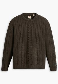 Ciemnobrązowy dziany sweter o prążkowanej fakturze z wypukłymi wzorami warkoczy, okrągłym dekoltem i długimi rękawami. Zawiera małą metkę na dole.