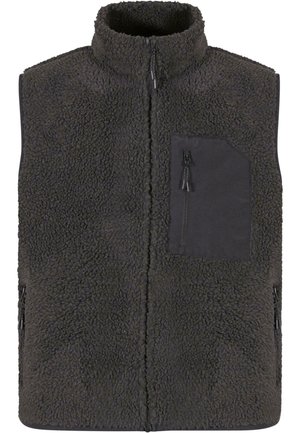 Vest din fleece de culoare gri închis, cu guler înalt, fermoar frontal și buzunare laterale, realizat dintr-un material texturat și cu un buzunar aplicat solid negru.