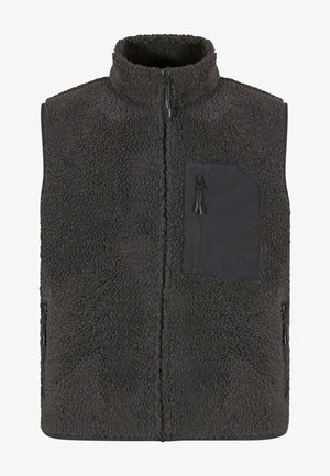 Fleece vest i mørkegrå, med høy krage, frontglidelås og sidelommer, laget av teksturert stoff og med en ensfarget svart lomme.