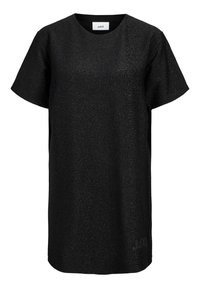 Black short-sleeve shirt with a relaxed fit, featuring a textured fabric with a subtle shimmer and a round neckline. Includes a brand label.