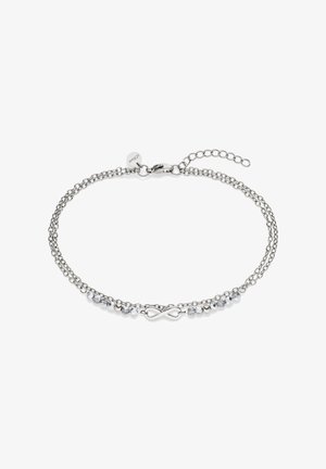Zilveren dubbele kettingarmband met een infinity-symbool in het midden en kleine heldere kristalkralen aan weerszijden, voorzien van een sluiting met karabijnhaak.