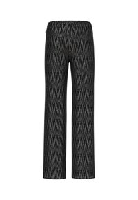 Black wide-leg pants featuring a textured zigzag pattern in shades of gray, with a smooth waistband and full-length cut.