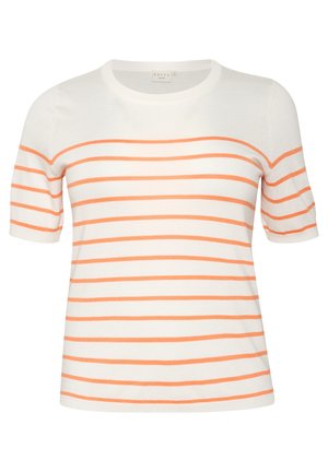 Top de punto de manga corta en blanco con rayas horizontales naranjas, con un escote redondo y una textura suave y ligera.