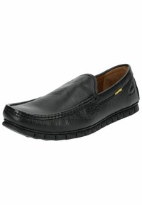 Mocassin noir en cuir à enfiler avec finition texturée, coutures moc toe et semelle segmentée flexible, présenté sous un angle trois-quarts.