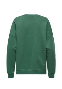 Felpa verde con collo tondo, spalle scese e polsini a costine. Texture liscia, design semplice, senza motivi o grafiche visibili.
