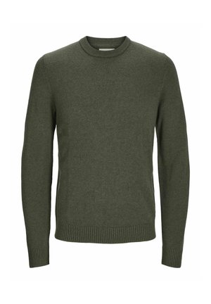 Green crew neck sweater made from soft, textured knit. Features ribbed cuffs and hem, with a simple, classic design.