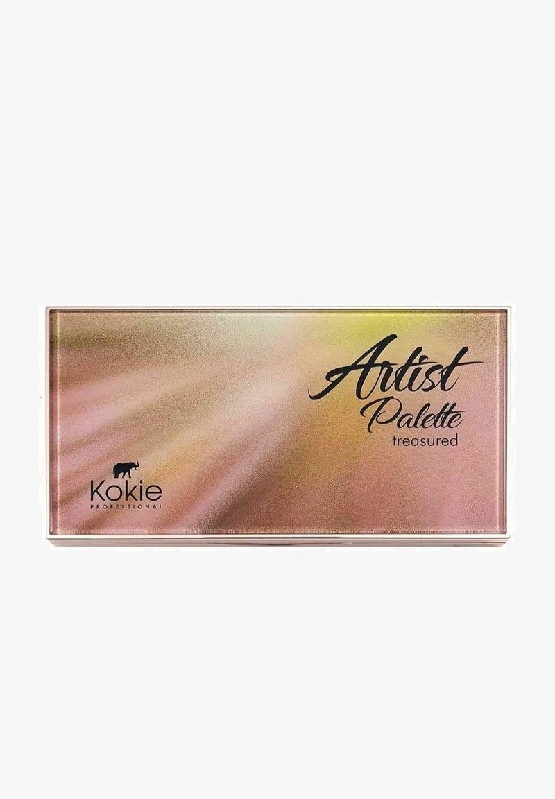 Kokie Professionel Kunstnerpalet "Treasured," med et glat roseguldet etui med gradient finish og sort tekst, glat overflade.
