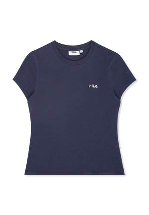 T-paita tummansinisestä puuvillasta, joka istuu hyvin. Siinä on pyöreä kaula-aukko ja pieni valkoinen brodeerattu logo vasemmalla puolella. Lyhyet hihat.