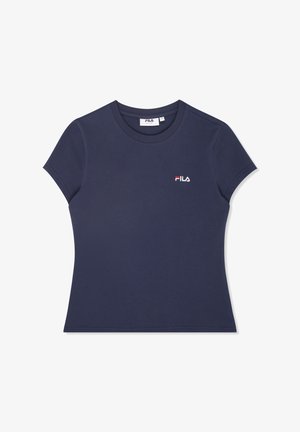 Marineblauwe getailleerde T-shirt van katoen. Het heeft een ronde halslijn en een klein wit geborduurd logo aan de linkerkant. Korte mouwen.