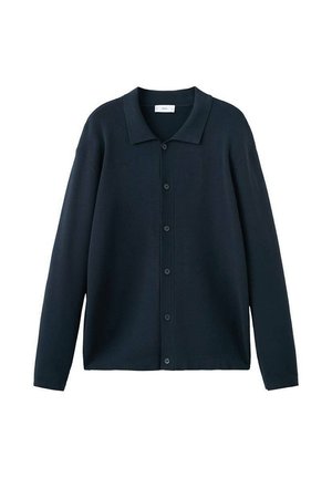 Cárdigan de manga larga azul azul marino oscuro con botones y cuello puntiagudo, mostrado plano sobre fondo blanco.