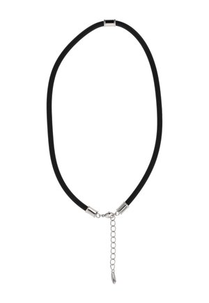 Colier șnur negru din cauciuc cu capete metalice argintii și închizătoare reglabilă cu lanț, pe fundal alb.