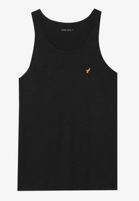 Top in cotone nero senza maniche con scollo rotondo. Presenta un piccolo logo dorato sul petto e ha una consistenza liscia e un design semplice.