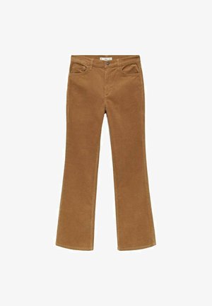 Rjave kordurojske široke hlače z zapiranjem na gumb spredaj in zasnovo s petimi žepi, ki se ponašajo z mehko teksturo in klasičnim krojem.