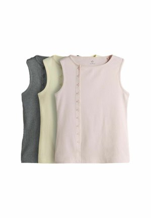 Drei ärmellose, gerippte Oberteile in Grau, Creme und zartem Rosa mit Knopfdetails auf der Vorderseite, überlappend auf weißem Hintergrund angeordnet.