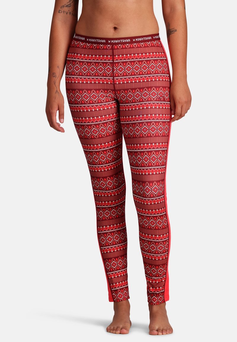 Rote gemusterte Leggings mit einem Diamanten- und Streifendessin, elastischem Bund und Slim-Fit-Schnitt. Weiches, dehnbares Material für Komfort.