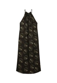 Sort ærmeløs kjole med en rynket halsudskæring, prydet med markante cremegule cirkelmønstre, lavet af letvævet stof, med en løs pasform.