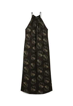 Czarna sukienka bez rękawów z marszczonym dekoltem, ozdobiona wyrazistymi kremowymi okrągłymi wzorami, wykonana z lekkiego materiału, o luźnym kroju.